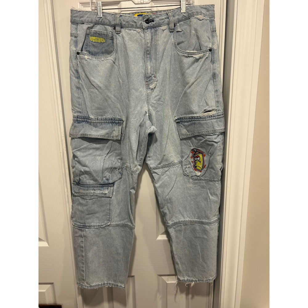 Empyre Mens Distressed Cargo Jeans Light Wash Spray Can Patch Size 36 Loose Fit